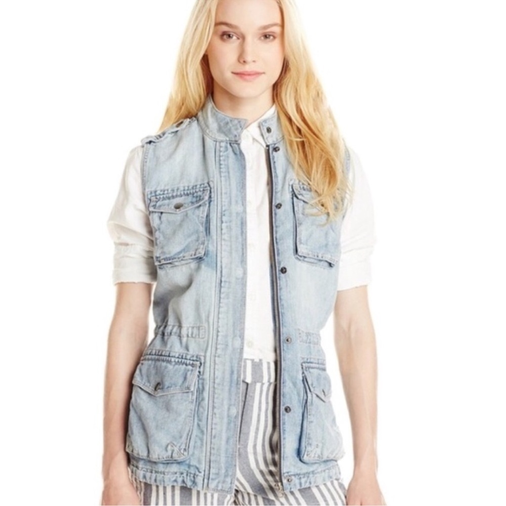 Lucky Brand Blue Light Wash Utility Military Denim Jean Vest Size Small